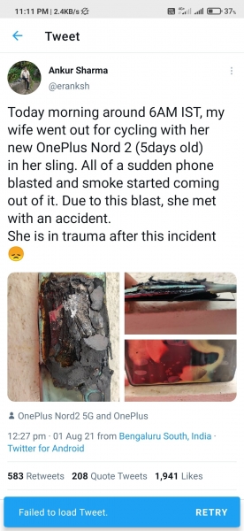OnePlus Nord 2 взорвался, навредив женщине